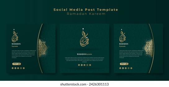 Set of social media post template in gold green background with arabic calligraphy for ramadan kareem campaign. arabic text mean is ramadan kareem. Islamic background with gold and green design