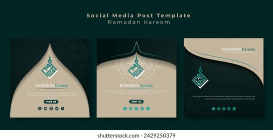 Set of social media post template with tan and green background with arabic calligraphy design for ramadan kareem campaign. arabic text mean is ramadan kareem. Islamic tan and green background design