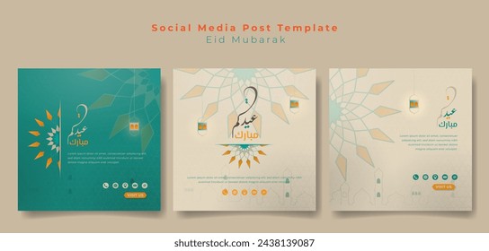 Conjunto de plantillas de publicación de medios sociales con diseño ornamental mandala y arte lineal de diseño de mezquita y linterna. Plantilla de publicación de medios sociales islámicos para eid mubarak. el significado de texto en árabe es eid mubarak.