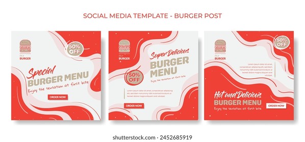 Set of social media post template in red and white liquid waving background for food advertising with burger design