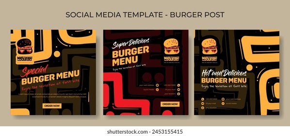 Set of social media post template in hand drawn line background design with burger icon for fast food advertising 