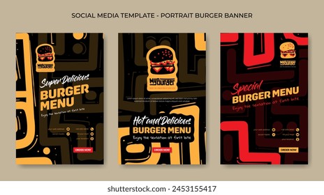 Set of social media post template in portrait design with red yellow hand drawn background for street food advertisement design