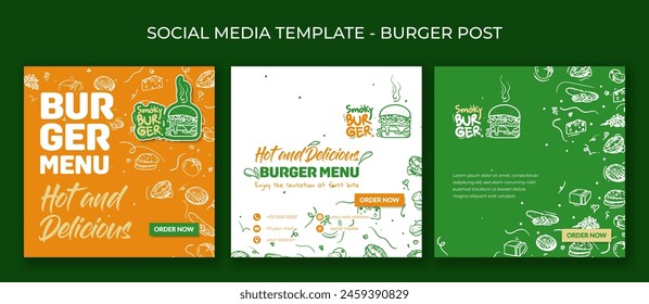 Conjunto de medios sociales post diseño de Plantilla con diseño de hamburguesa ahumada y dibujado a mano de fondo de ingredientes de hamburguesa en diseño naranja, blanco y verde