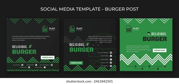 Conjunto de Plantilla de publicación de redes sociales con diseño de fondo negro y verde para hamburguesa o comida rápida