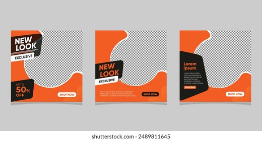 Conjunto de medios sociales post diseño de Plantilla. Color naranja, blanco y negro quemado. Ilustración vectorial de anuncios en redes sociales y Web de anuncios en internet.