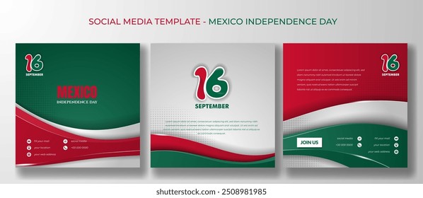 Conjunto de modelo de postagem de mídia social em design quadrado com forma ondulada simples 3d. Dia da Independência do México. Também bom modelo para o dia nacional do méxico