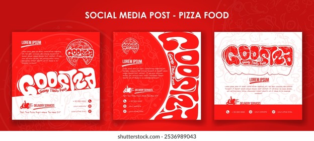 Set of social media post template with pizza doodle art background in red and white design for pizza advertisement campaign. street food advertising design