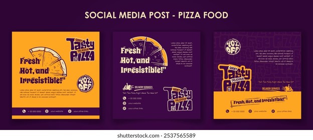 Set of social media post template for street food advertisement with orange purple background. Pizza fast food advertising template design