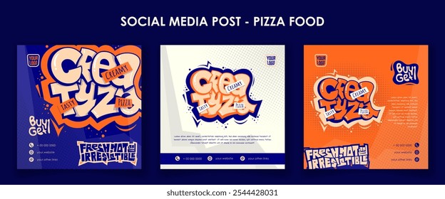 Conjunto de modelo de postagem de mídia social com laranja azul e branco para design de comida de rua pizza. Modelo de anúncio Fast food