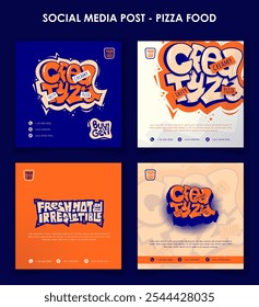 Conjunto de modelos de postagem de mídia social com fundo branco laranja azul. Modelo de comida de rua Pizza com design tipográfico