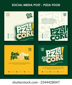Set of social media post template of street food campaign in minimalist green yellow and white background. Pizza restaurant template design