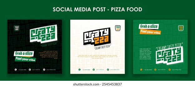 Conjunto de modelo de postagem de mídia social em branco verde e fundo preto com mundos tipográficos de pizza cremosa saborosa. Design de modelo de anúncio de rua