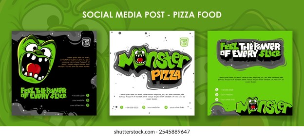 Set of social media post template for pizza street food with typography and monster mascot design. Pizza fast food advertisement template