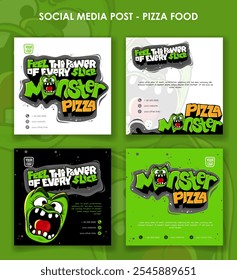 Set of social media post template for pizza street food campaign with screaming monster vector and typography design. Pizza fast food advertisement design