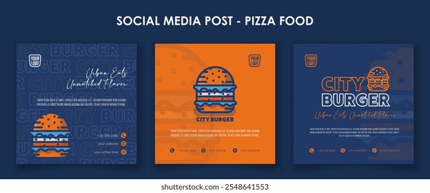 Set of social media post template with burger line art design in blue orange background for street food campaign. Burger fast food advertisement template design