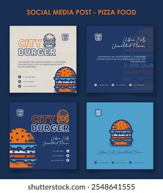 Conjunto de modelo de postagem de mídia social em fundo branco azul com hambúrguer em design de arte de linha. Projeto de campanha de publicidade de comida de rua do hambúrguer