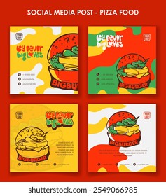 Conjunto de Plantilla de publicación de redes sociales con diseño de dibujos animados de hamburguesa en fondo amarillo, blanco y naranja. Diseño de Plantilla de publicidad de comida callejera de hamburguesa