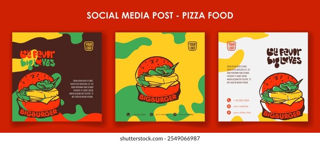 Set einer Social-Media-Postvorlage auf braunem, gelb-weißem Hintergrund mit einem Cartoon aus Burger-Design. Street-Food-Werbung im burgerkampagnendesign