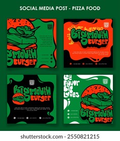 Conjunto de Plantilla de publicación de redes sociales con diseño de comida de hamburguesa de dibujos animados en fondo de Formas ondeantes. Diseño de campaña publicitaria de comida rápida