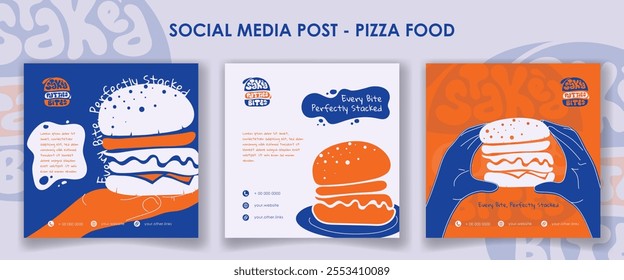 Set of social media post template with flat burger design in blue white and orange background. Burger street food advertisement template