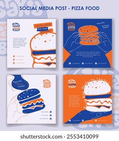 Set of social media post template with line art and flat burger in cartoon design for burger street food advertisement. burger fast food template design