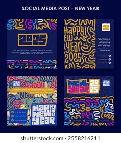 Set of social media post template with colorful line art background design for new year campaign. new year banner template design