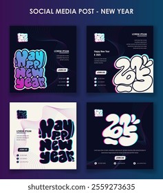 Set of social media post template in fluid typography design for new year campaign. new year celebration template in simple glitch design
