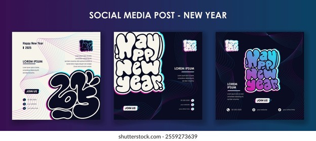 Set of social media post template with liquid typography of happy new year. new year celebration template in simple glitch design