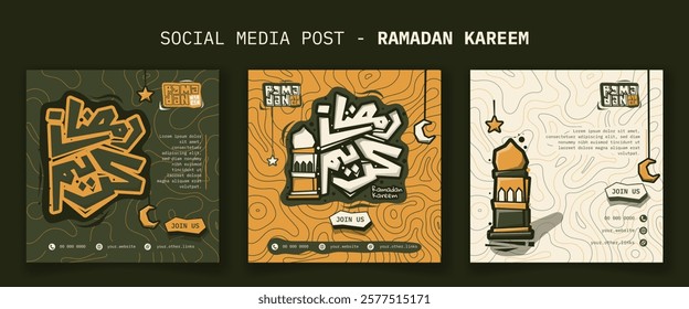 Set of social media post template for ramadan kareem with arabic calligraphy and lantern in cartoon design. Islamic background in green yellow and white design. Arabic text mean is ramadan kareem