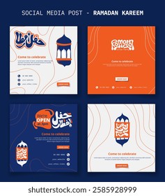 Set of social media post template for ramadan iftar party in blue white and orange with lantern design. arabic text mean is iftar party and other arabic mean is ramadan kareem