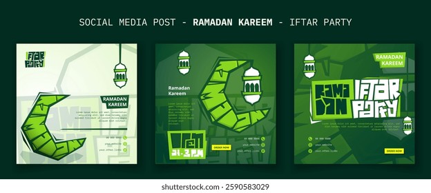 Set of social media post template with lantern and crescent moon in cartoon design for ramadan iftar party. Green ramadan kareem background design