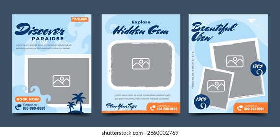 Set of Social media post template design for travel promotion. Modern and clean designs banner with image placeholders.