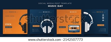 Set of social media post template with headset and cassette design for world music day design