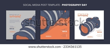 Set of social media post template for world photography day with camera vector illustration design
