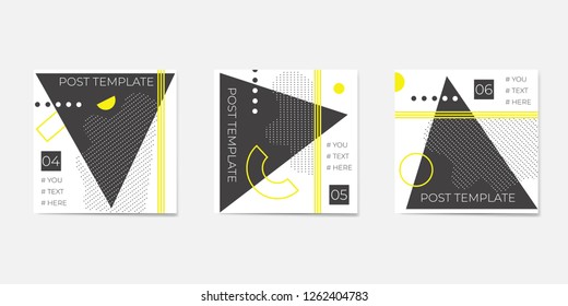 Set for social media post templates. For personal and business accounts. White background with geometric elements in black and yellow colors.