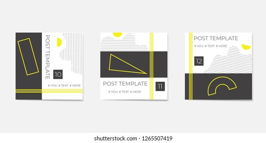Set for social media post templates. For personal and business accounts. White background with geometric elements in black and yellow colors.