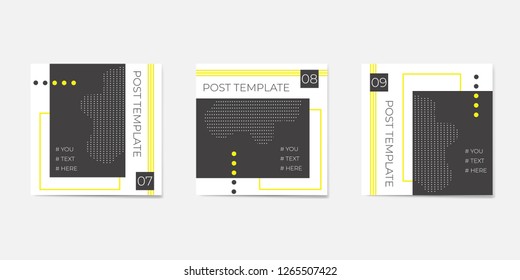 Set for social media post templates. For personal and business accounts. White background with geometric elements in black and yellow colors.