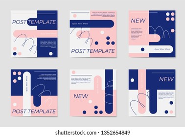 A set of social media post templates. For personal and business accounts. White, blue and rose background with geometric elements. Promotion Brand Fashion. Stories. Streaming