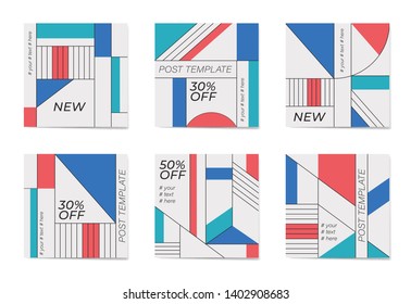 A set of social media post templates. For personal and business accounts. Flat geometric pattern in blue, white and red colors.Promotion Brand Fashion. Stories. Streaming

