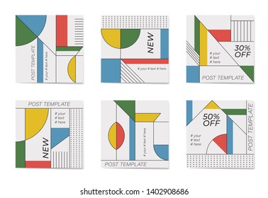 A set of social media post templates. For personal and business accounts. Flat geometric pattern in blue, white, green, yellow and red colors.Promotion Brand Fashion. Stories. Streaming