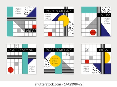 A set of social media post templates. For personal and business accounts. Flat geometric pattern in blue, white, green, yellow and red colors.