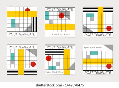 A set of social media post templates. For personal and business accounts. Flat geometric pattern in white, green, yellow and red colors.