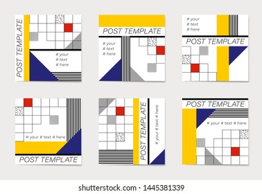 A set of social media post templates. For personal and business accounts. Flat geometric pattern in blue, white, yellow and red colors.