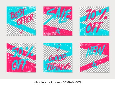 A set of social media post templates. For personal and business accounts.Frame with a grunge elements and inscriptions. Place for your photo.