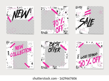 A set of social media post templates. For personal and business accounts.Frame with a grunge elements and inscriptions. Place for your photo.