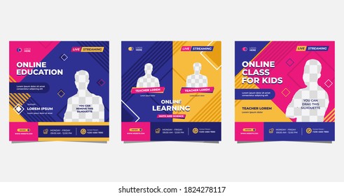 Set of social media post templates for Online classroom program, Online Education, and other E-Learning. with Memphis style background and Purple, Pink, Orange colors