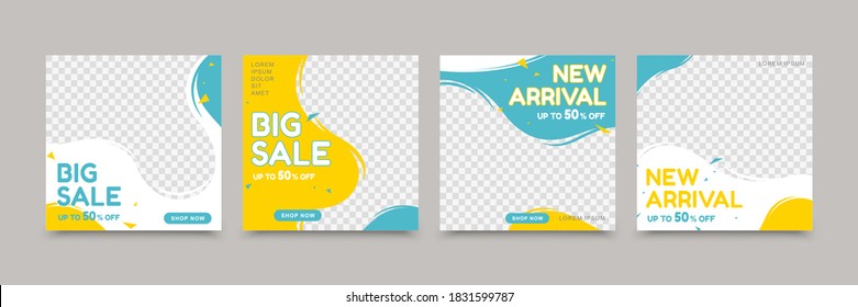 Set of social media post templates with ocean waves and sunny imaginary background in blue and yellow color, suitable for social media post template and promotions