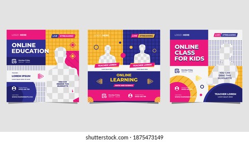 Set of social media post templates with Memphis style background and Purple, Pink, Orange colors. Suitable for Online classroom program, Online Education, and other E-Learning