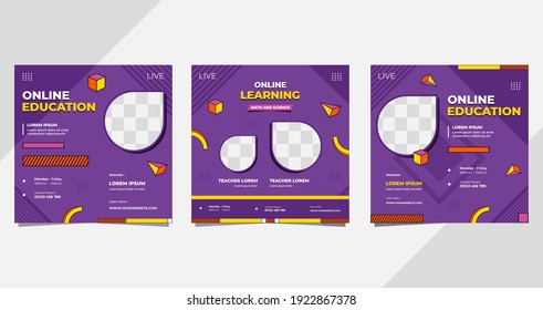 Set of social media post templates for Online classroom program, Online Education, and other E-Learning. with Memphis style background and Purple, Yellow, Orange colors