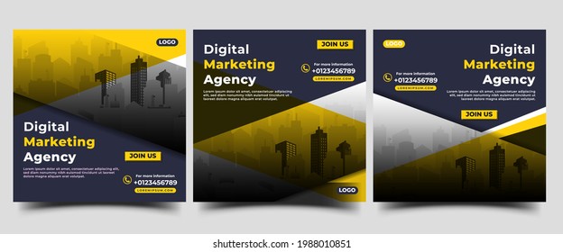 Set of social media post templates for business. Digital marketing agency promotional banner with abstract yellow shape and place for the photo. Usable for social media, banners, and websites.
